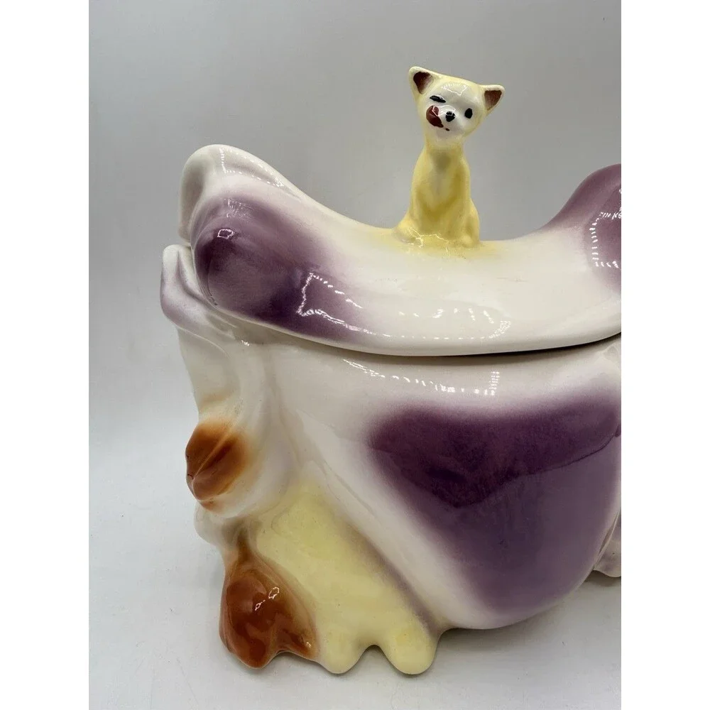 RARE McCoy W10 Cow Cookie Jar Cat On Back in PURPLE : Reissued By JD 1992